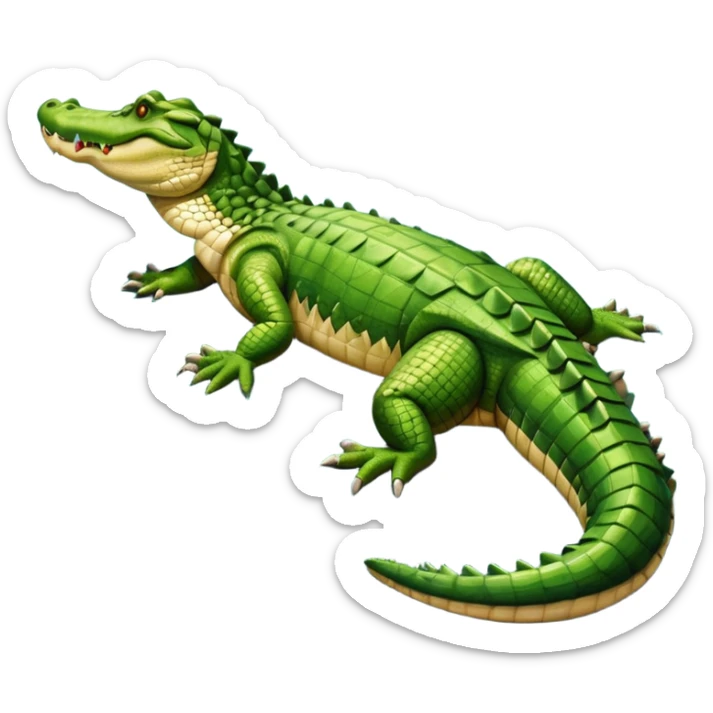 A large crocodile resting on a riverbank, part of its body in water, realistic scales and reflections, natural sunlight. sticker