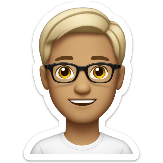 Skin Tone: Light-medium, Short hair wavy hair with a bit of volume on top
Eyebrows: Thick, dark eyebrows with a slightly curved shape.
Eyes: Medium-sized, dark brown eyes with a neutral expression.
Glasses: Black, rectangular glasses with a thin frame. sticker