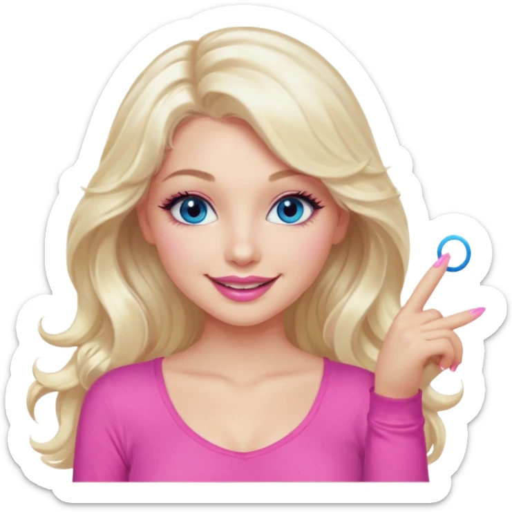 girl with long wavy platinum blonde hair,  blue eyes , long lashes, sexy pink lips, light to medium complexion, wearing a pink sexy top, smiling, finger tips touching sticker