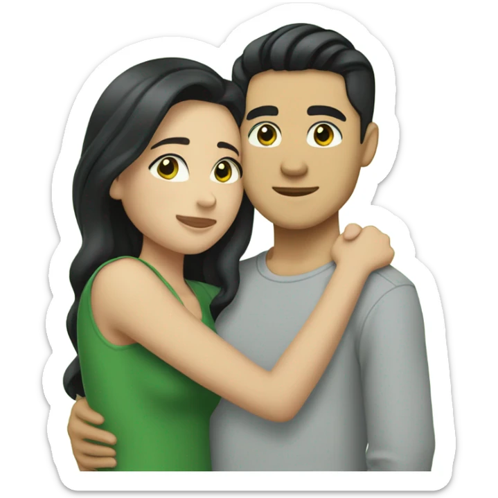 Light skin Asian male with straight black undercut hair and a white brunette female with green eyes and long wavy hair tightly hugging each other  sticker