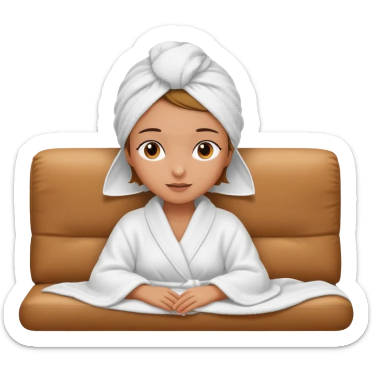 spa A contented and relaxed girl with a towel on her head in a white robe lies on a couch. The icon displays the couch and the girl in full three-quarter view. sticker