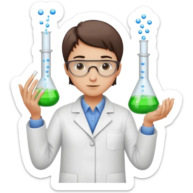 chemist person with very short hair in a lab coat testing chemicals in test tubes sticker