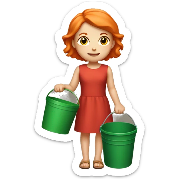 Small white skinned young girl with short orange hair wearing a red dress, standing holding a green bucket  sticker