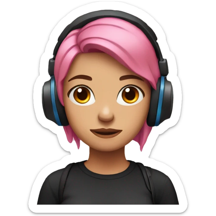woman, pink hair, blue eyes, headphones, black shirt, frowning sticker