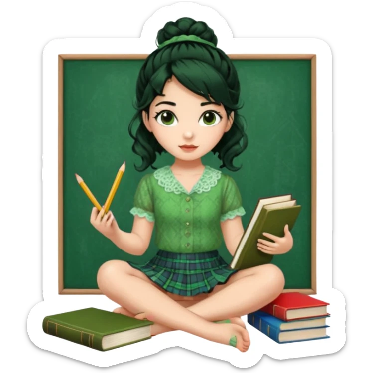 A beautiful girl wears a green lace blouse with short sleeves and a green lace skirt with a plaid pattern. Her long, curly black hair is styled in a messy bun. She holds books and crayons in her hands, and she is barefoot, sitting cross-legged on the floor. The illustration style is pop art. sticker