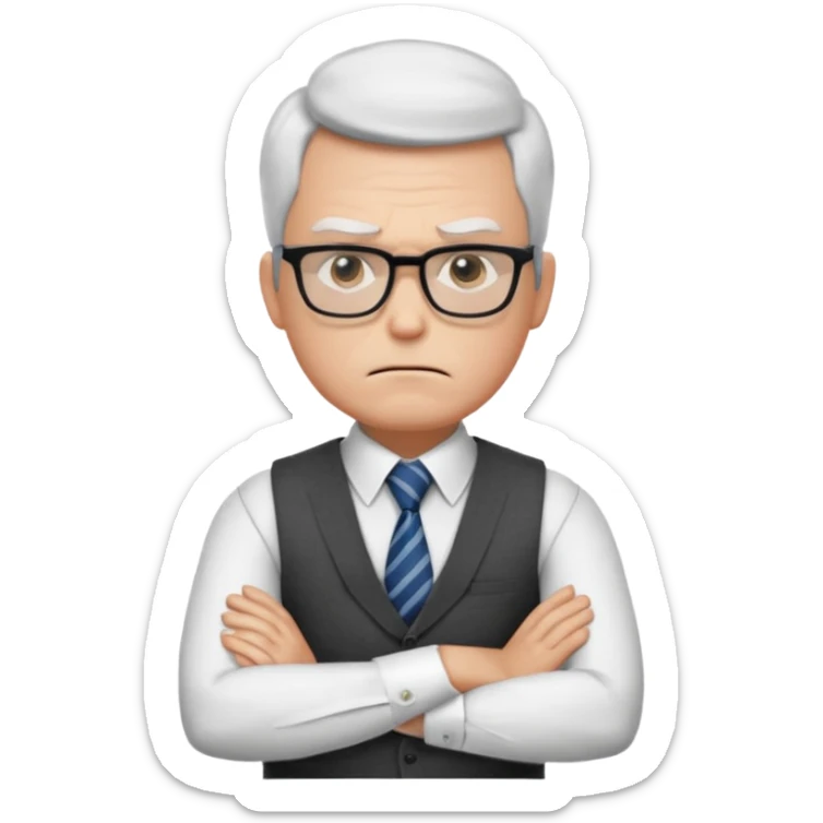 Frowns with Glasses, Strict Teacher: Man with square glasses, vest and tie, arms crossed, angry face

 sticker