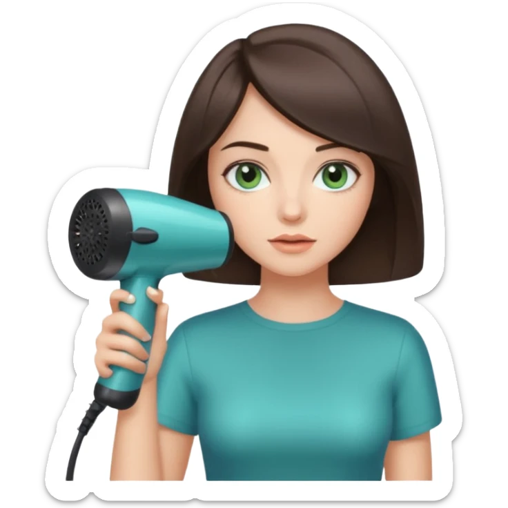 brunette bob girl hair stylist with blue green eyes holding a hair dryer sticker