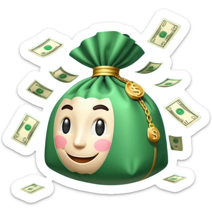 

3D emoji style, big bag of money, flying dollar bills, rich casino vibe, smooth lighting, high detail, clean edges, transparent background



 sticker