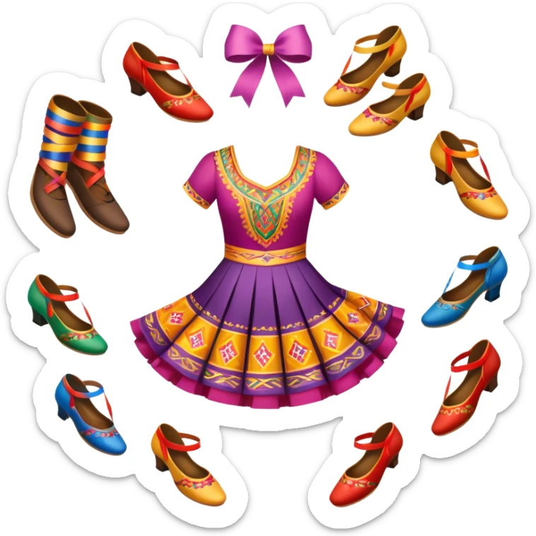 Icon for Folk Dance: close-up traditional dance dress, shoes, colorful folk costumes and a dance circle with ribbons. The icon should represent the vibrant and cultural aspects of folk dancing. Transparent background. sticker