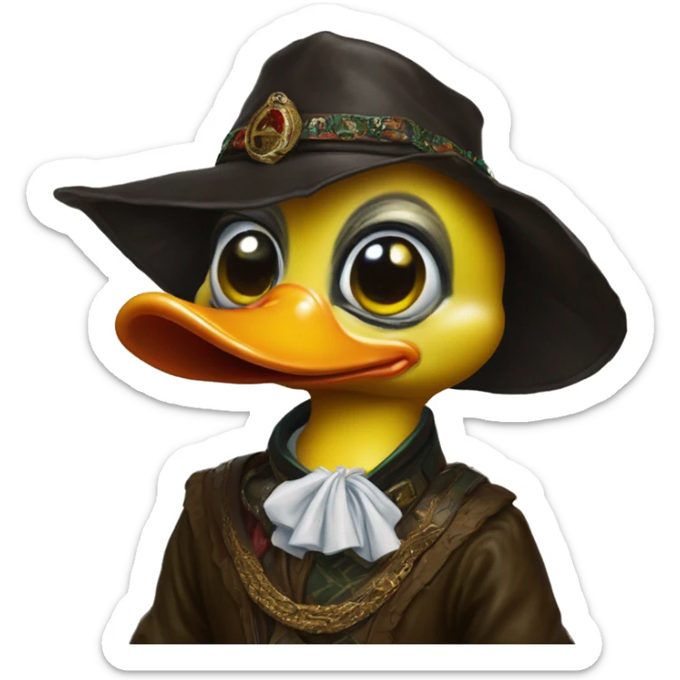 Warcraft Rubberduck in Gucci style, oil paint, mysterious eyes, intricate lips, masterpiece portrait , odd perspective, beautiful, desirable, logical sticker