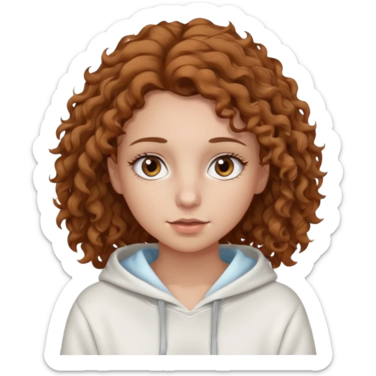 Una ragazza con una felpa semplice bianca,ha gli occhi marroni,i capelli marroni chiaro , c’è gli ha lunghi e ricci ma non troppo e ha le ciglia sticker