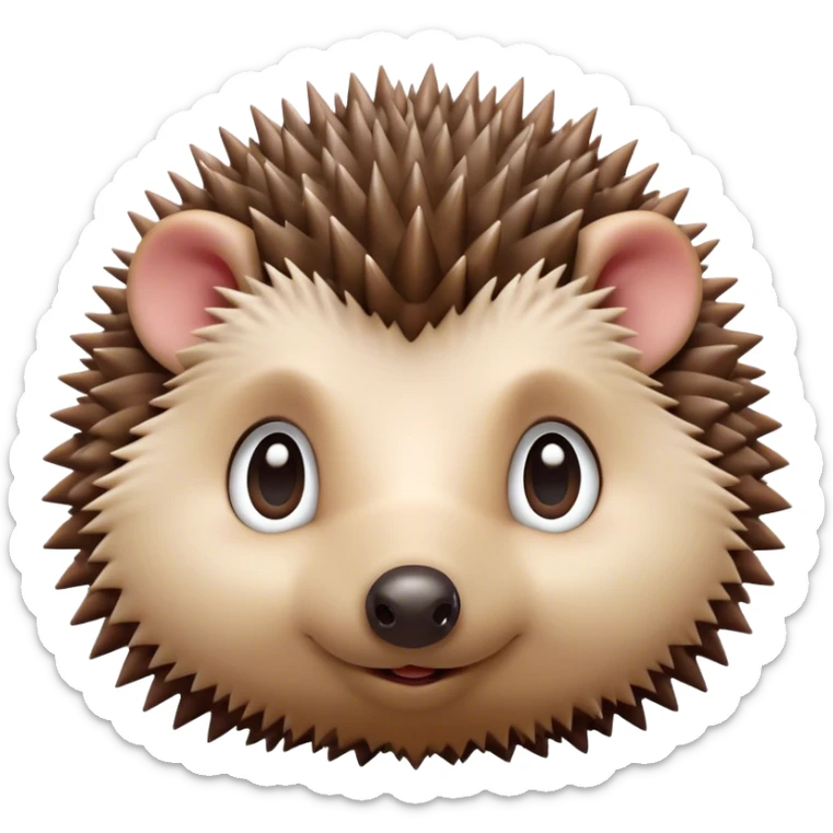 Cinematic Cute Hedgehog Portrait Emoji, Head tilted playfully and inquisitively, featuring a fluffy, spiky brown Fur with an irresistibly cute, round face and tiny ears, round, sparkling eyes filled with curious wonder, Simplified yet irresistibly adorable features, highly detailed, glowing with a warm, friendly glow, high shine, affectionate and quirky, stylized with a touch of woodland whimsy, bright and endearing, soft glowing outline, capturing the essence of a mischievous yet loving hedgehog, so playful it feels like it could roll out of the screen and into your arms! sticker
