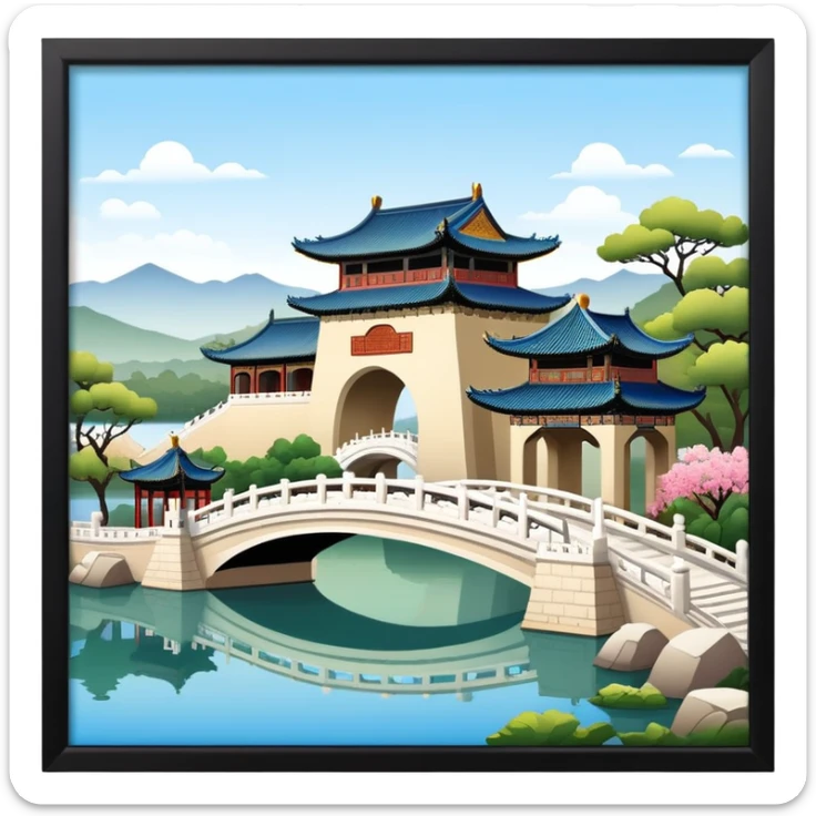 Summer Palace in Beijing with lake and bridge, Chinese garden architecture, emoji style sticker