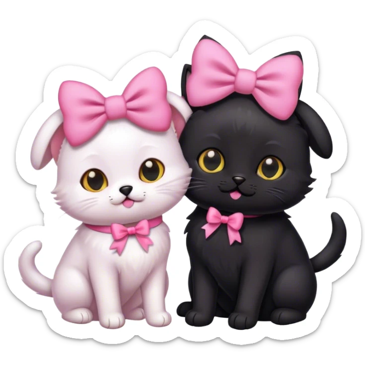 Dog with a black cat and pink bows on their heads  sticker