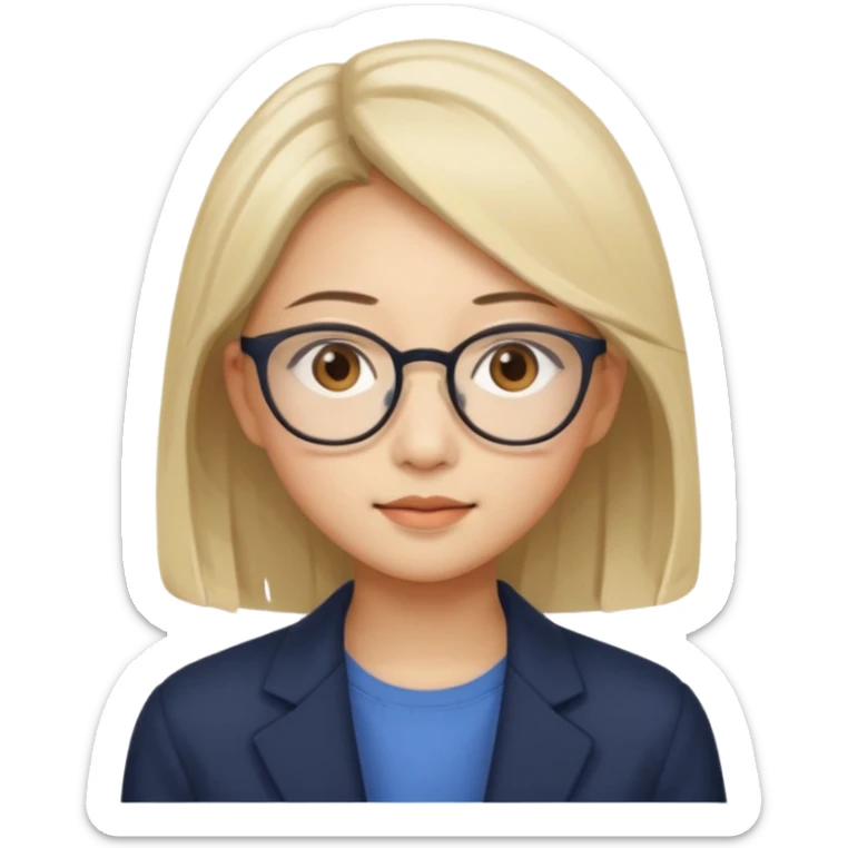 asian looking female with slight blonde hair a little longer  with eye glasses, fair complexion not that pointed nose but slighty little eye please make the hair longer shoulder length make the hair more longer sticker