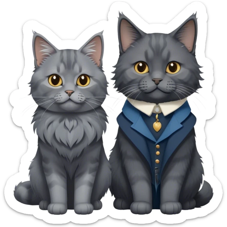 Portrait of a black smoke Maine Coon cat with long grey ear tufts and a thick grey collar, alongside a British Shorthair cat with a solid blue coat. Both cats with detailed fur textures and playful expressions. Soft, elegant background with warm, natural tones. Transparent background. sticker