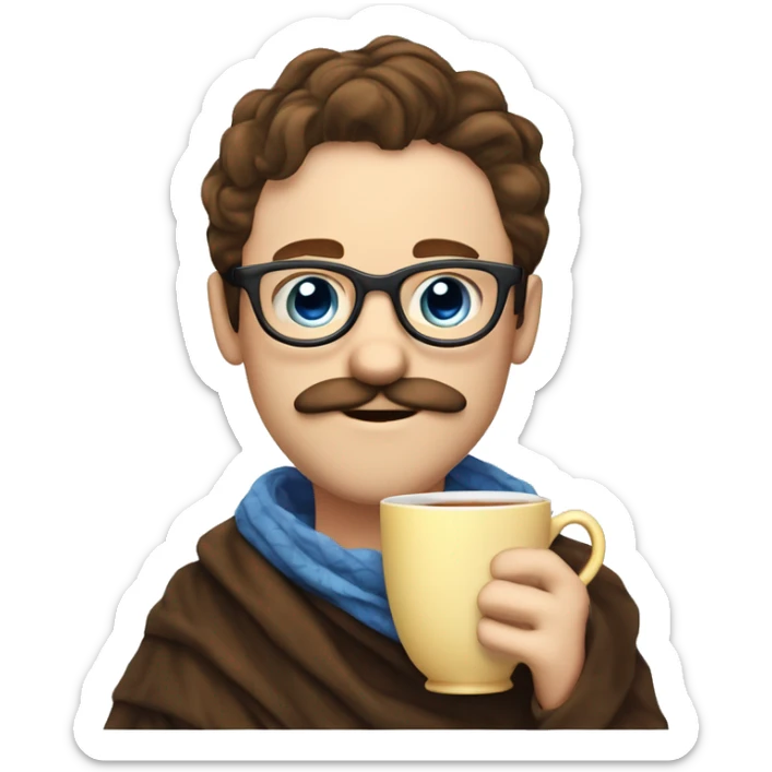 brown hair blue eyes moustache and Soul patch pale guy with glasses drinking tea with blanket on sticker