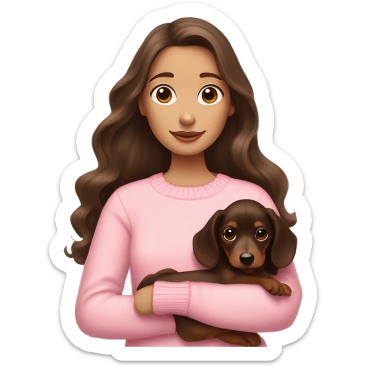 Dark Brunette white girl with long wavy hair in a pink sweater holds a dark brown and cream dachshund long-haired puppy in her arms sticker