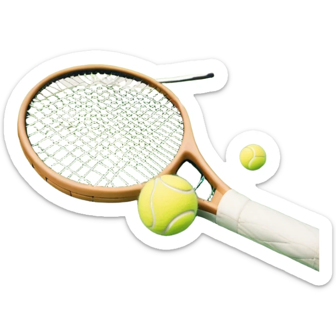 A tennis racket resting on the green grass of a tennis court, with a tennis ball placed nearby and the net stretching across the court. The background captures the fresh, open atmosphere of a traditional grass court, emphasizing the elegance and precision of the sport. sticker