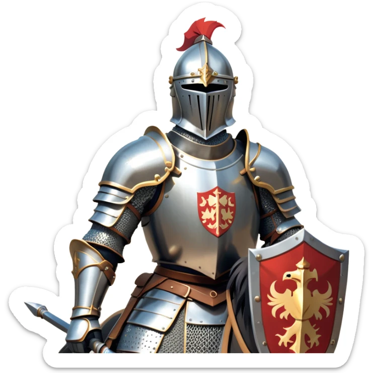 clash-of-clans-aesthetic_-cinematic-fearsome-and-majestic-knight-bust-portrait-emoji, rendered in a flat, vector-style with minimal shading and bold, simplified shapes, depicting a battle-ready medieval knight with steely eyes and intricate armor, mounted on a heavily armored warhorse with gleaming plated barding reflecting sunlight over a misty battlefield. sticker