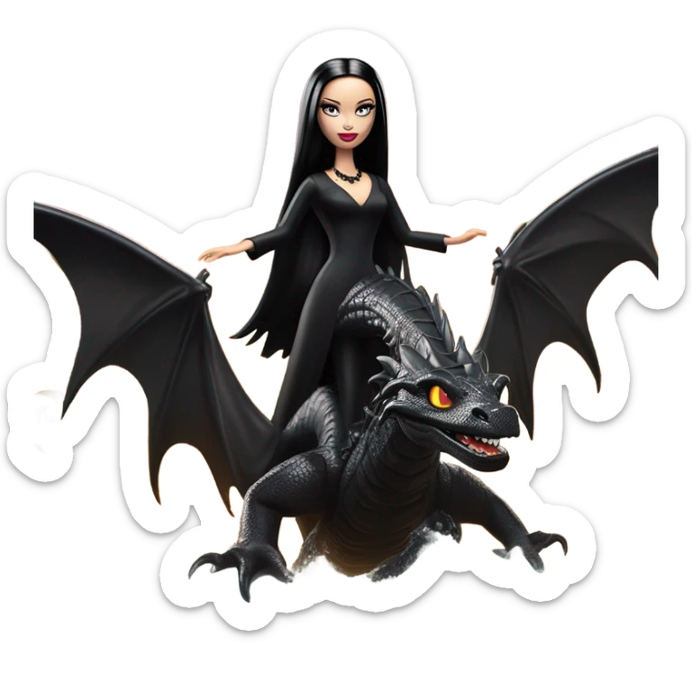  beautifully dressed teen Morticia Addams beach Barbie Jedi flying on the back of a very large black shiny evil-looking fire-spewing dragon. proper scale sticker