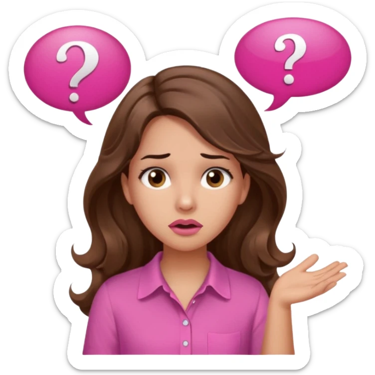 girl with long wavy brown hair, brown eyes, light to medium complexion, in a pink shirt, pink lips, long lashes, confused, question mark one speech bubble sticker