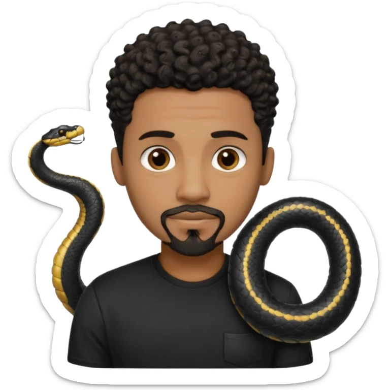 Homme noir de peau,  yeux marron avec un bouc sans la moustache, cheveux noir court et bouclé crépus avec un dégradé sur le côté, avec un cobra à côté , t-shirt noir  sticker