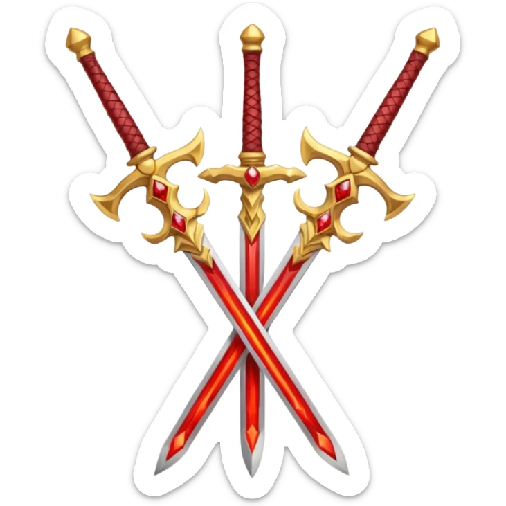 Two crossed swords that are golden in blade and handle and have fiery and royal appearence to them as well as red gem stones sticker