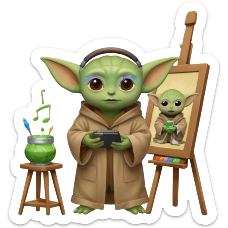 Baby Yoda in his brown robe listening music on his headphones, painting a picture on an easel and surrounded by paint pots. sticker
