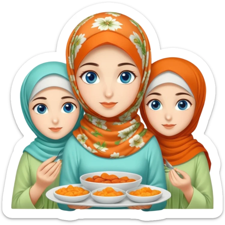 Three sister Turkish girls beautiful finish Konya blue eyes with orange floral hijab and light green dress and make turkish Breakfast sticker