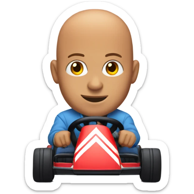 Bald man with hair on the sides of his head driving a gokart sticker