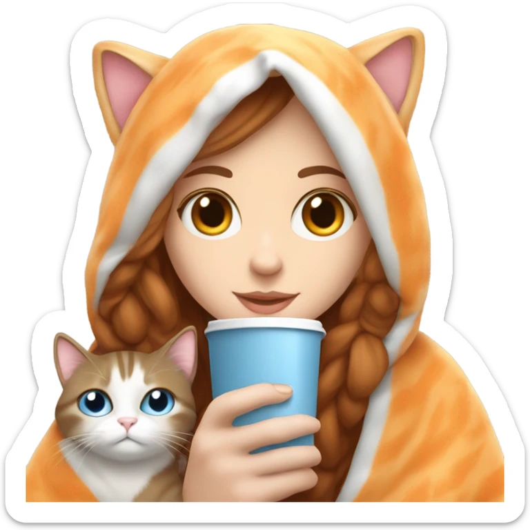 White girl with blue eyes and brown hair sipping coffee. With an orange and white cat. They’re cuddled up in a blanket  sticker