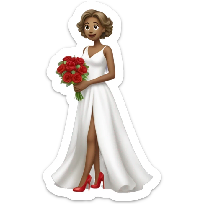 a girl holding a bouquet of flower wearing a white gown with red high heels and looking into the mirror sticker