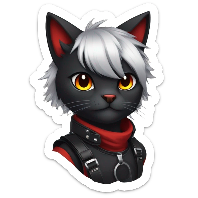 Anthro Edgy Cool Beautiful Black Cat-Fursona-Fakemon with Emo Hair-bangs with Red Streaks Chest Harness sticker