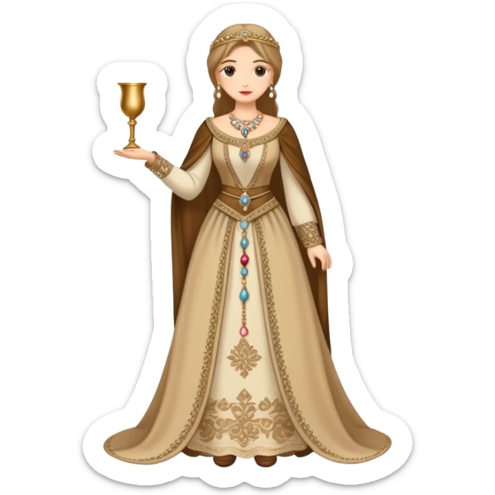 Full body of wealthy medieval townswomen in elegant dress with jewelry and fine embroidered clothing sticker