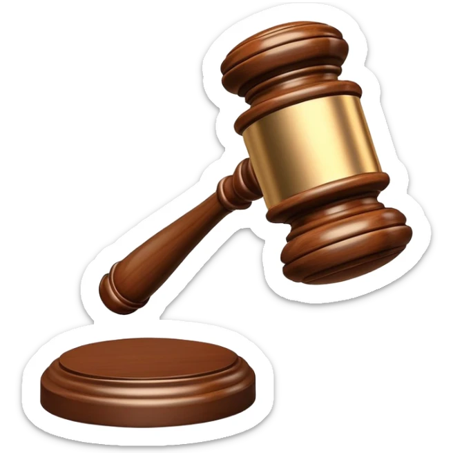 An emoji representing justice and penalty. A wooden judge's gavel striking a sound block, symbolizing a legal decision or punishment. The design is simple, 3D, and slightly glossy, resembling official court decisions sticker