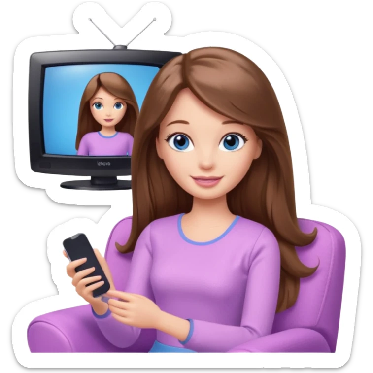 beautiful barbie girl with long brown hair, blue eyes and wearing light purple clothes watching tv sticker
