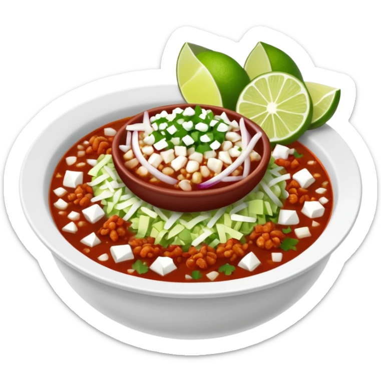 A delicious hot bowl of pozole rojo with separate sides: white chopped onions, green shredded cabbage, lime wedges, red chile de arbol salsa, and tostadas sticker
