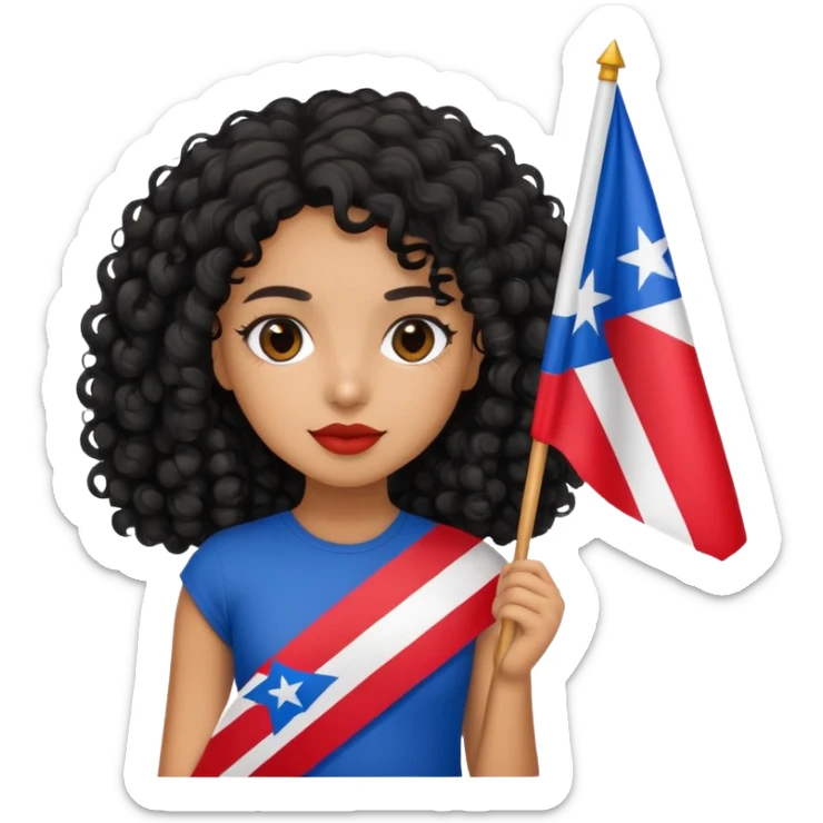 Tan skin girl with black curly hair holding a Puerto Rican flag sticker
