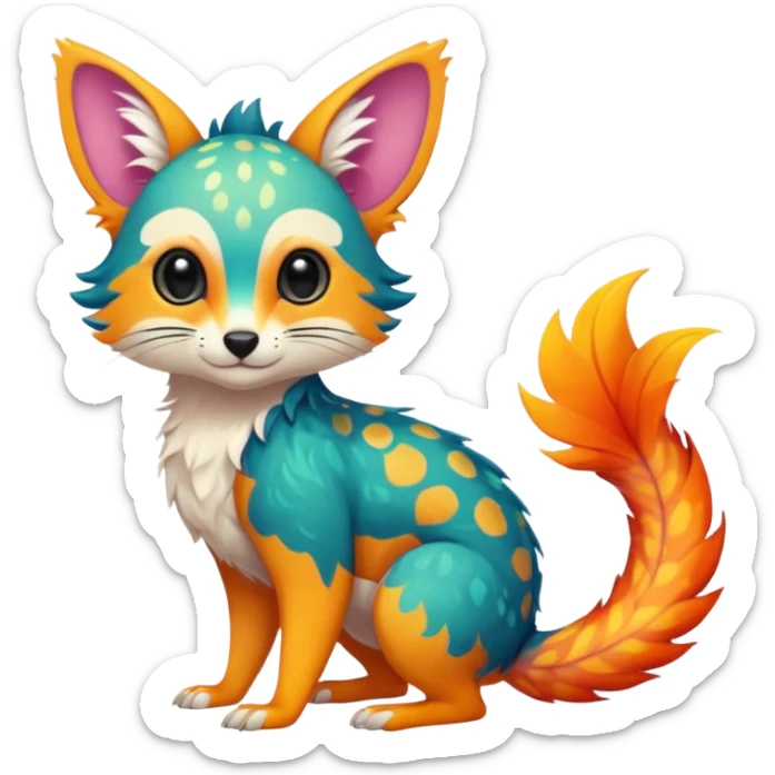 Feral Rare Fantasy vibrant colorful tropical cute, kawaii, cool, ed Vernid-Trico-species by LiLaiRa, random markings, tufted tail, tufted ears, full body, cheek markings sticker