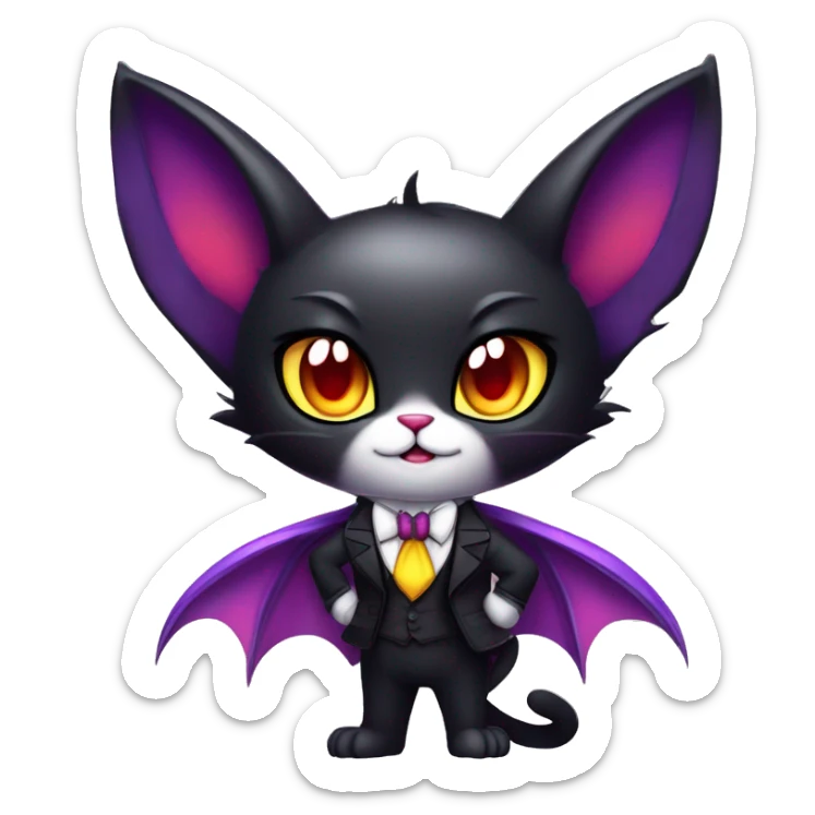 Cute-Edgy-Vampiric-Batty-Cat-Black-Purple-Red-Yellow-Contrast-Colors-Fantasy-Fur-Sona-Chibi-Shiny-Fakémon-Hybrid with horns and big fangs neck bow white tie leg spats full body sticker