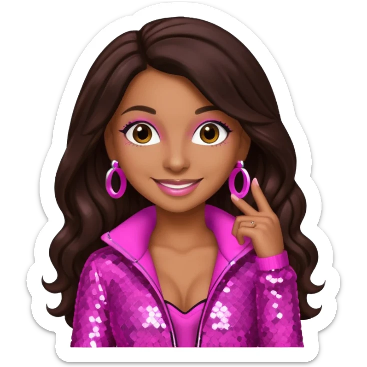 Mya, R&B Singer with dark brown long hair, pink sequin outfit sticker