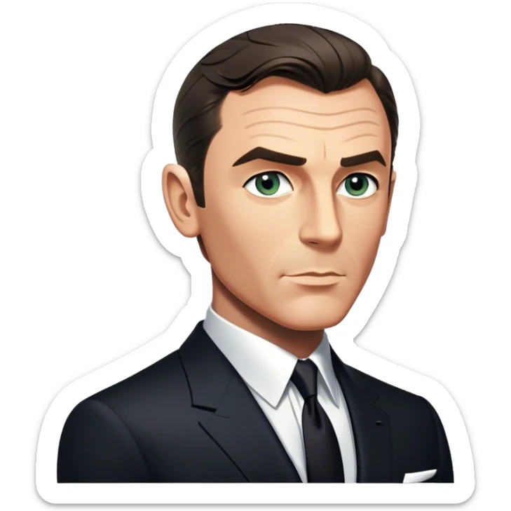 Cinematic Realistic James Bond Portrait Emoji, depicted as a suave, sophisticated secret agent in a tailored suit with a cool, composed gaze and an air of stealth and charm, rendered with crisp textures and dynamic cinematic lighting that captures his timeless espionage allure. sticker