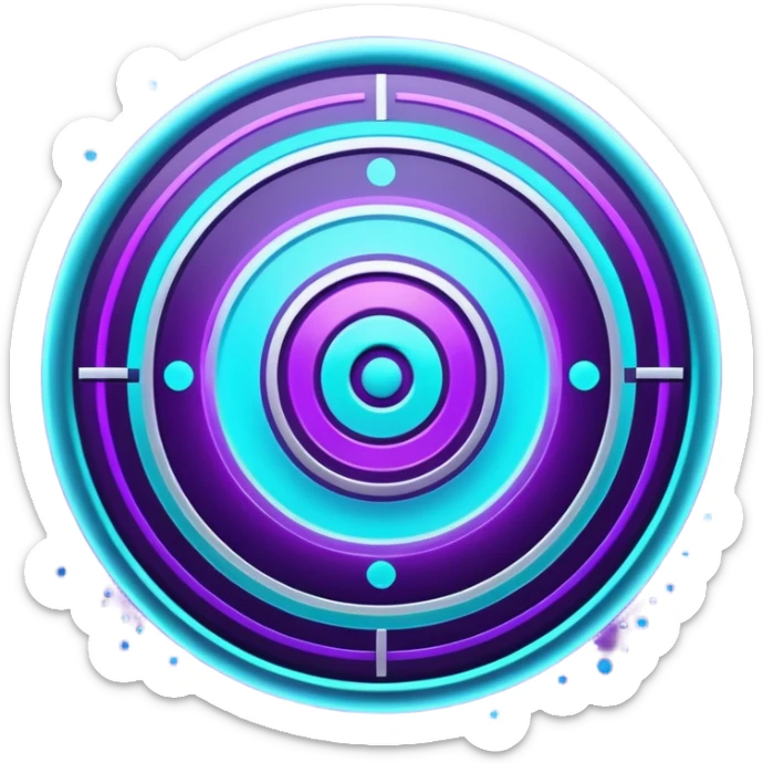 Futuristic glowing bullseye target emoji, neon purple and cyan holographic glow, dark background, digital tech style, abstract sparkles, no face. sticker