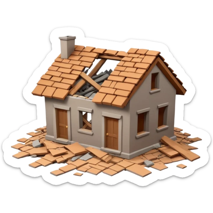 3D iPhone style emoji of a collapsed house, broken walls and roof pieces scattered, debris and ruins visible, isolated on white background, soft shadows, high detail, playful and cute. sticker