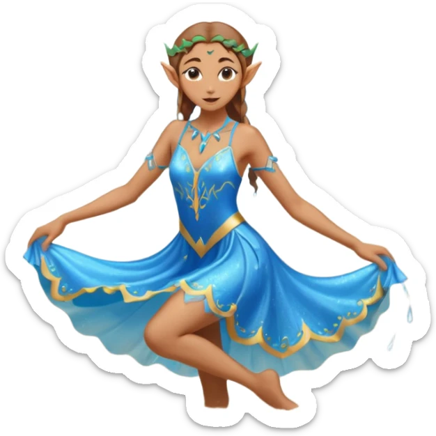 elf female dancer with water-like dress, graceful pose on wet sand, splashes, pointy ears, serene expression, centered emoji, ethereal blue colors sticker