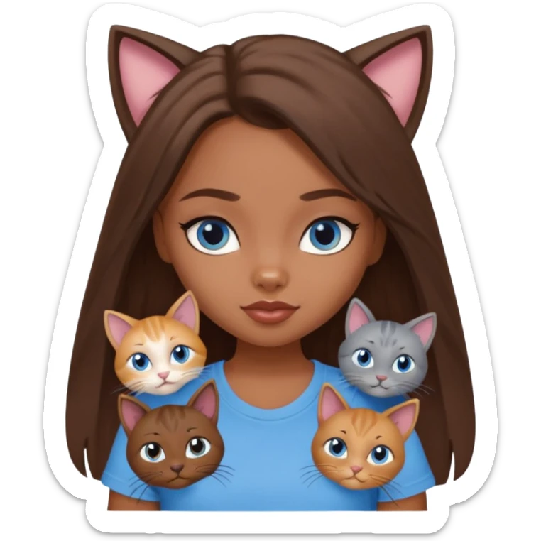 a pretty bratz dusky girl with long brown hair, blue eyes with six cats nd wearing a grey tshirt sticker