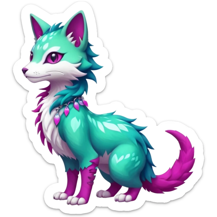 Kawaii colorful iridescent turquoise-green and magenta and white beautiful pretty elegant divine edgy fantasy feline-vernid-sergal-Fakémon-Pokémon-fursona-animal-creature with accessories, full body, with intricate detailed markings sticker