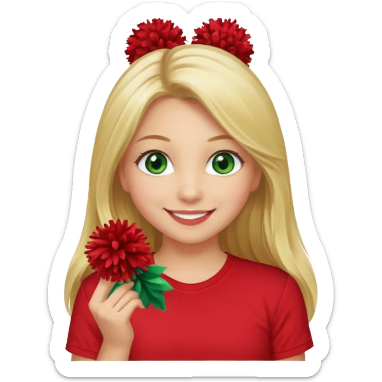 Girl with long blonde hair, smiling, and green eyes and a red shirt and red pom poms cheerleader sticker