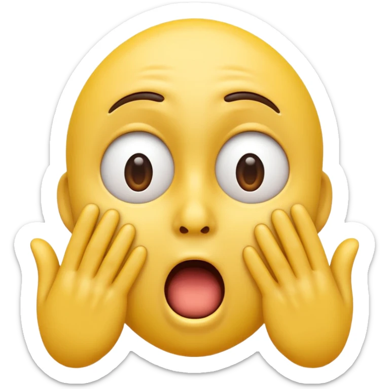 A 3D glossy yellow emoji of a shocked horrified face with no nose, with mouth and eyes are wide open, eyebrows  raised, and hands against their cheeks, black background, high quality, soft studio lighting sticker